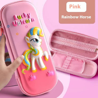 Leather 3D pencil case showing design themes: dinosaur, astronaut, mermaid, unicorn, and spaceship.