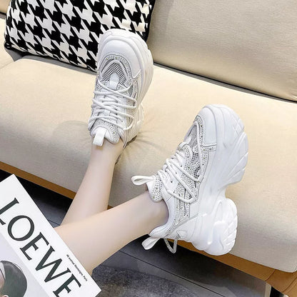 Women's summer mesh breathable sneakers in black, white, and pink with mid heel