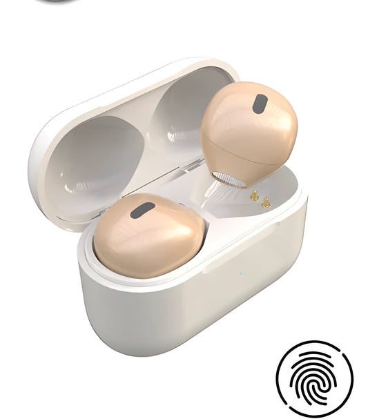 Invisible mini in-ear Bluetooth headset with 9mm discreet design in skin tone colour showing flush ear fit