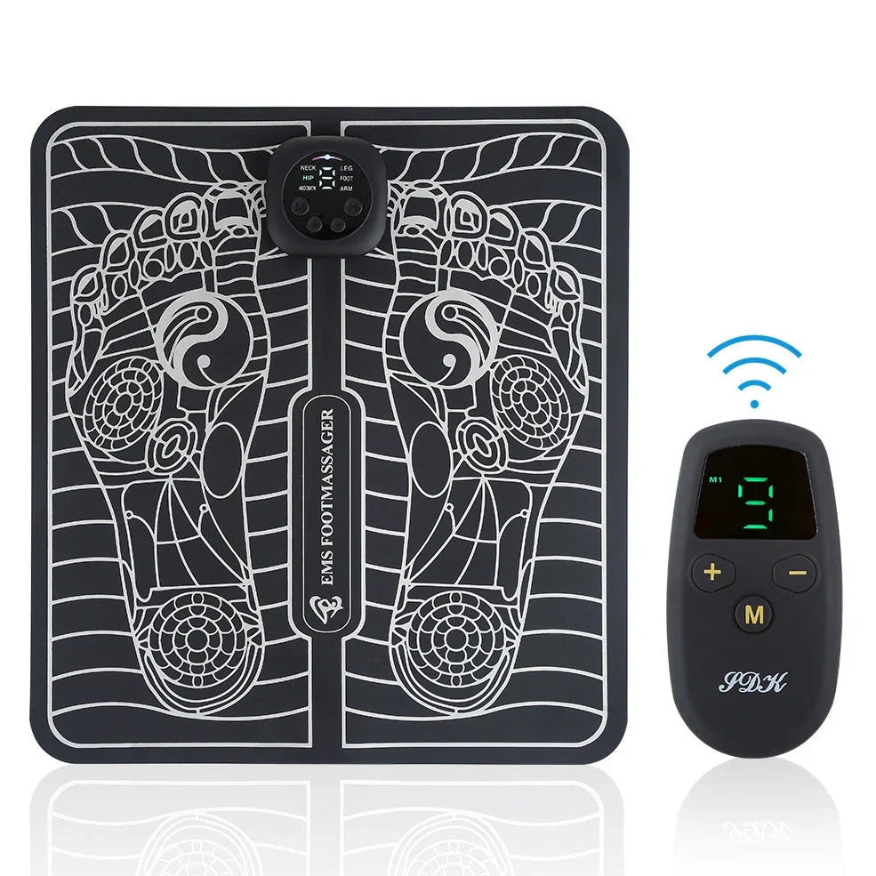 Black remote control EMS foot massage machine with wireless operation and USB charging port