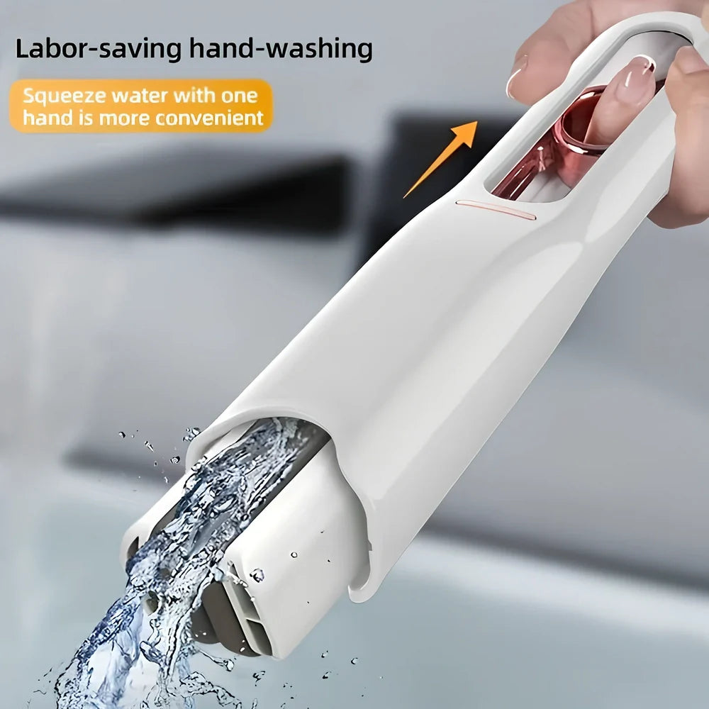 Portable self-squeeze mini mop showing 180-degree fold mechanism and compact design