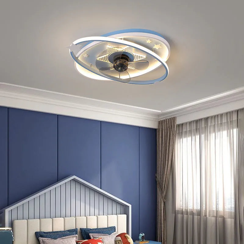 Modern children's bedroom ceiling fan with integrated LED light and remote control in blue colour option