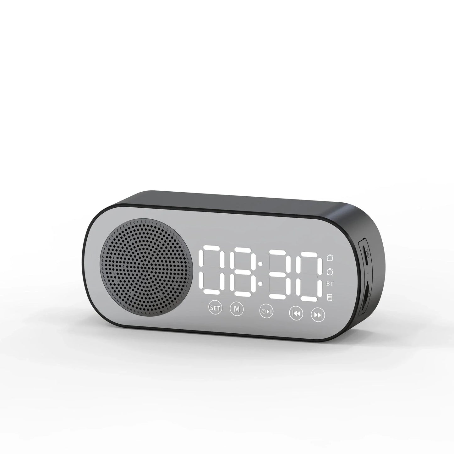 5-in-1 Bluetooth alarm clock with mirror design, LED display, FM radio, dual alarms, and phone stand