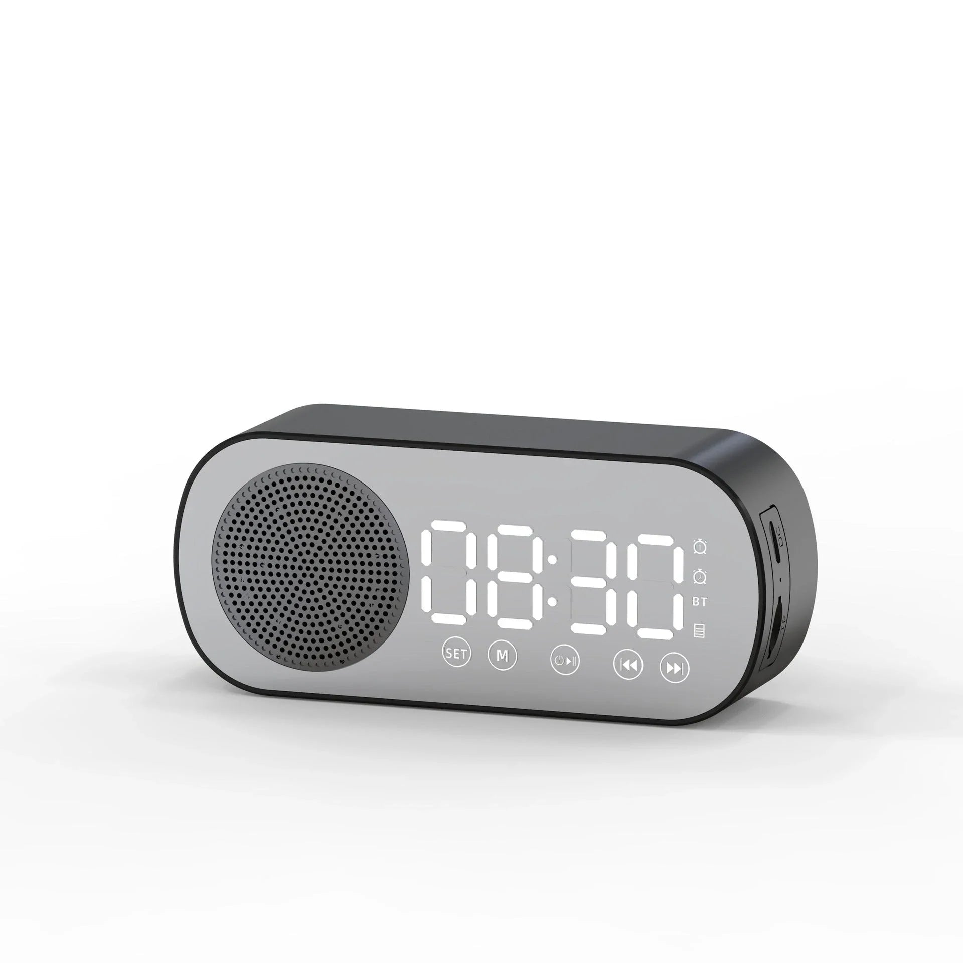 5-in-1 Bluetooth alarm clock with mirror design, LED display, FM radio, dual alarms, and phone stand
