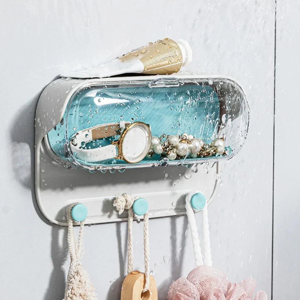 Grey punch-free bathroom wall holder, 17.1cm long with transparent lid for glasses storage