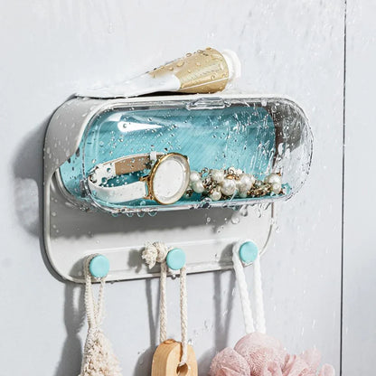 Grey punch-free bathroom wall holder, 17.1cm long with transparent lid for glasses storage