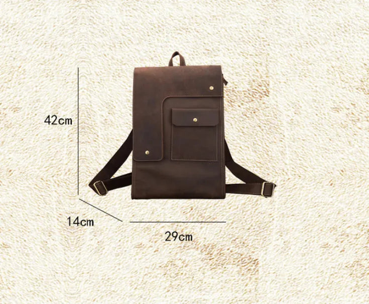 Dark brown genuine leather men's retro-style travel bag with shoulder straps and an external pocket.