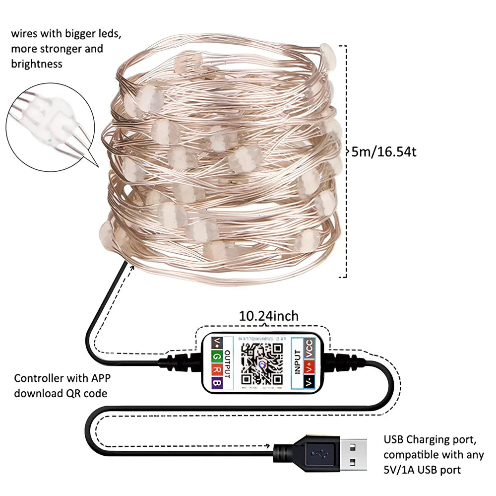 APP Bluetooth copper wire light string with 100 LED lights showing colour-changing pattern