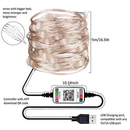 APP Bluetooth copper wire light string with 100 LED lights showing colour-changing pattern