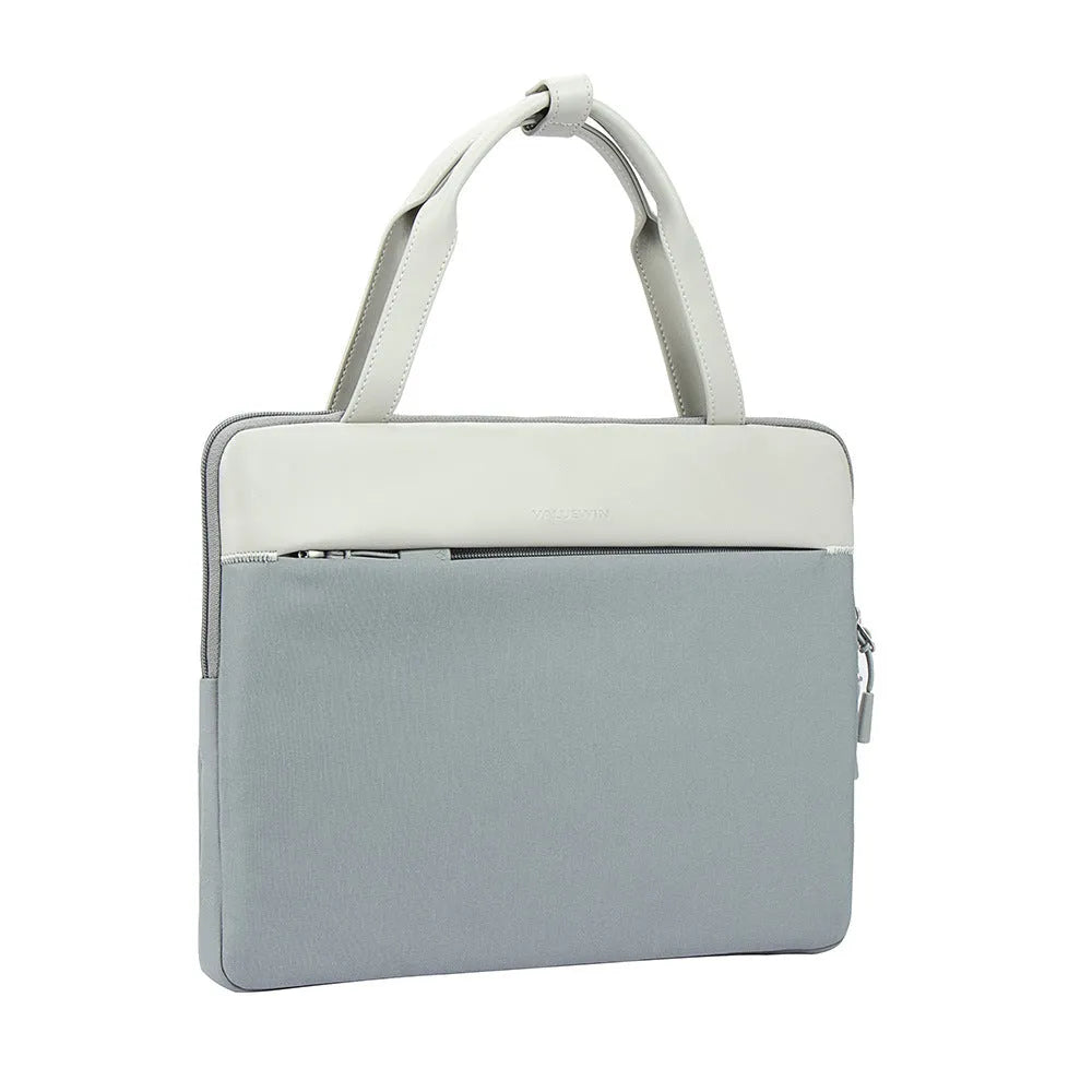 14.2 inch polyester laptop sleeve with soft handle, zipper pocket, in light grey, green, or orange