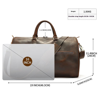 Men's large genuine cowhide leather crossbody bag in vintage travel style.