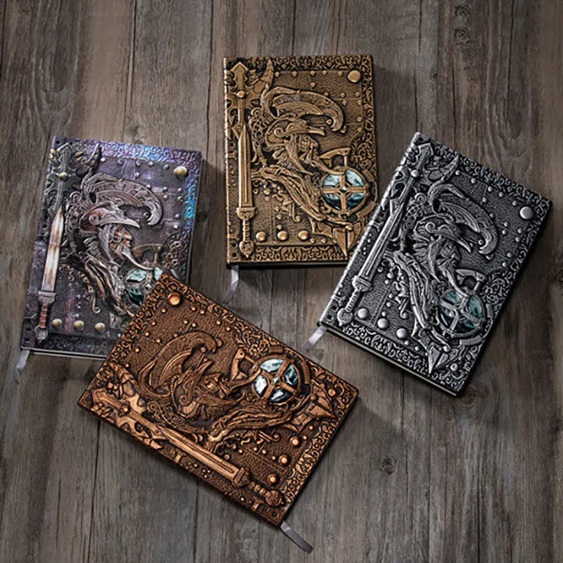 Handmade leather A5 notebook with 3D warriors relief embossing, showing bronze colour and open pages