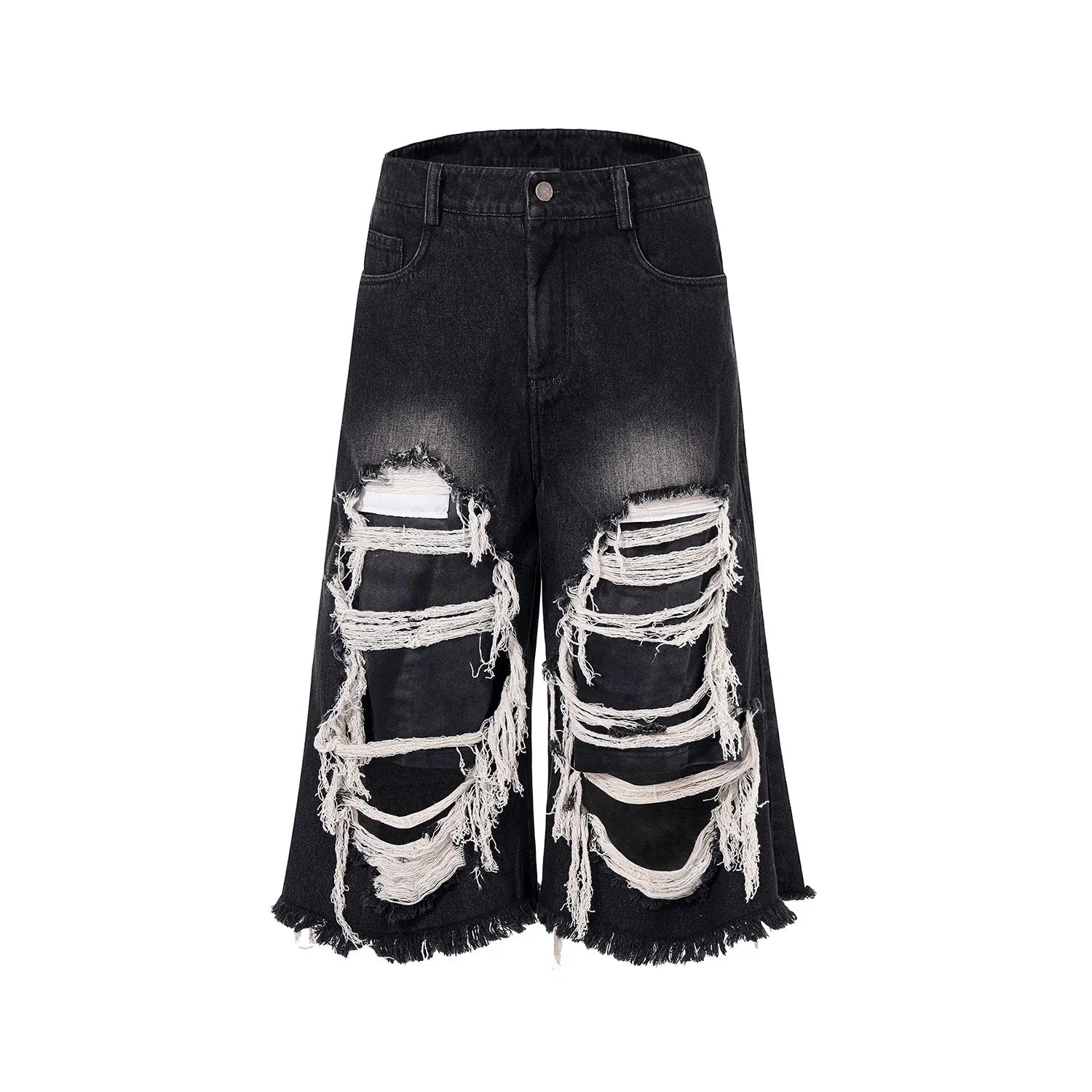 Black cropped wide-leg jeans with a mid-high waist, ripped patch detail, and a loose fit on a model.
