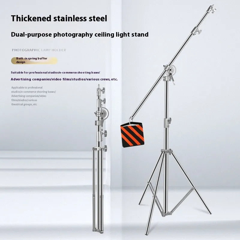Silver stainless steel ceiling lamp rack with adjustable cross arms extended to full 3.8 metre height