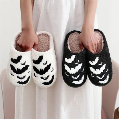 Halloween bat design plush slippers for indoor wear, available in white and black