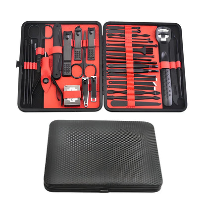 Beauty manicure nail care kit with stainless steel tools in red PU leather case weighing 397g