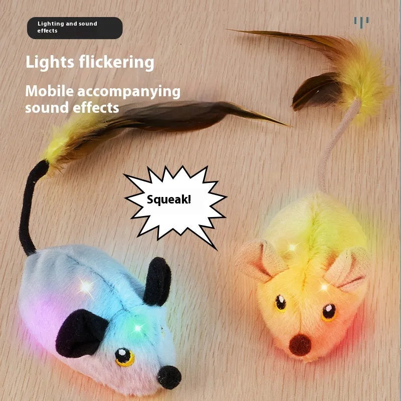 Simulation remote control electric mouse cat toy with induction mode for interactive pet play, realistic plush fabric construction in rhubarb, big grey, and big yellow colour options, includes USB cable for charging