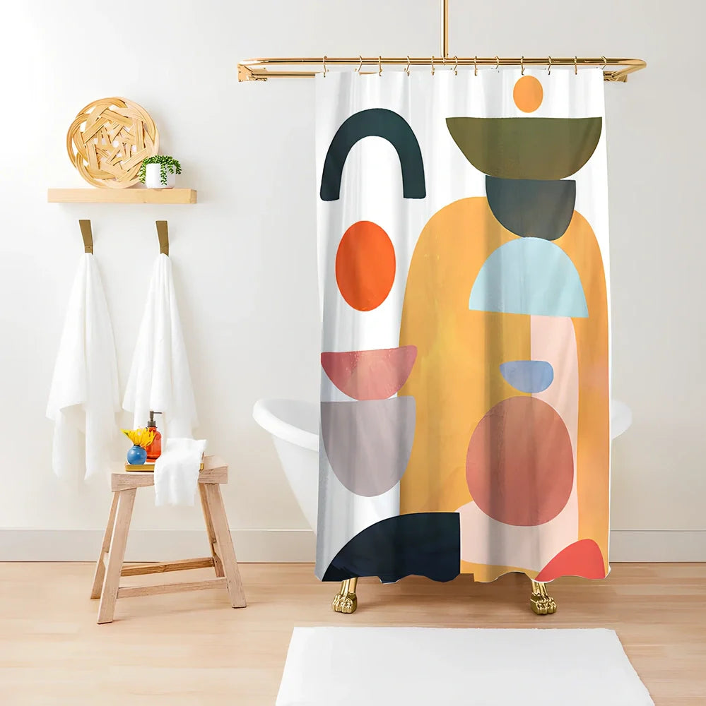 Green plant print shower curtain with waterproof polyester material in bathroom setting