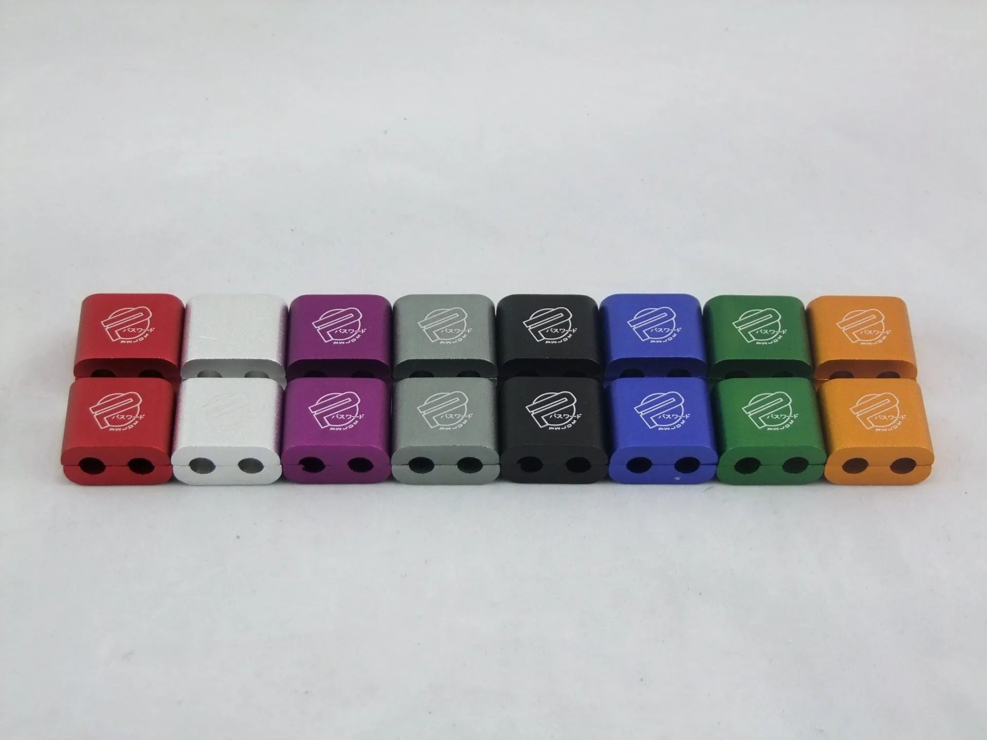 Three-piece metal car fastening clamp shown in six colour options: red, blue, silver, black, purple, gold.