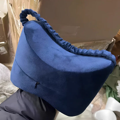 Memory foam leg lock pillow with adjustable clip in lake blue colour, measuring 25.5cm long
