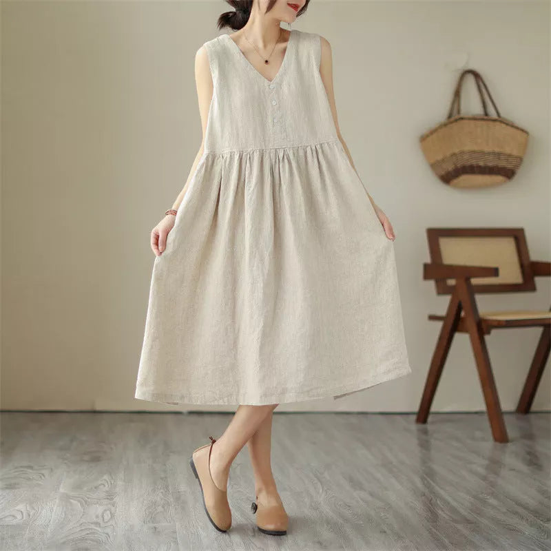 Japanese cotton linen sleeveless summer dress in green and beige with V-neck design