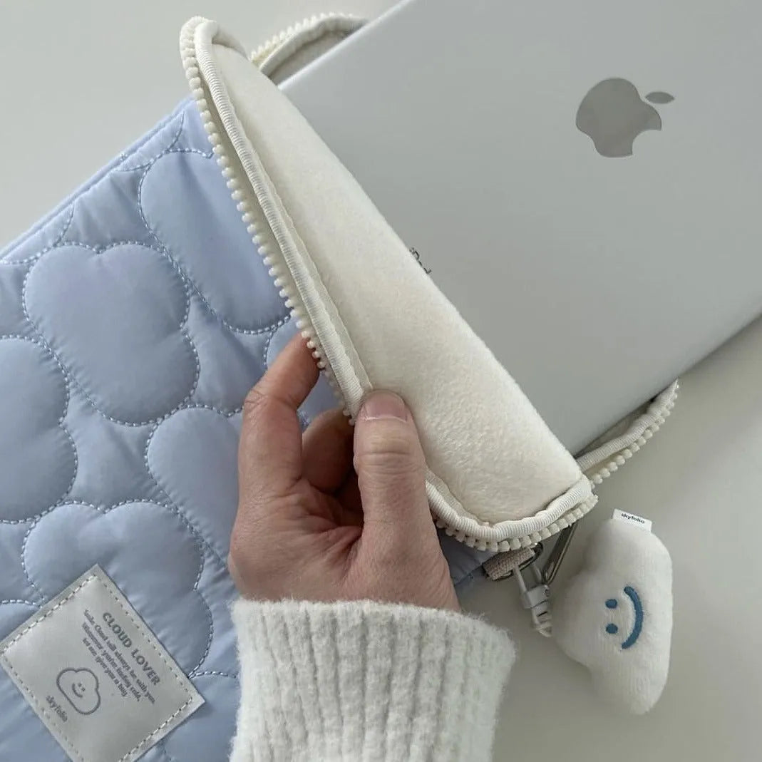 Cloud embroidery cotton notebook storage bag for iPad and tablet PC in white or blue, 11 to 15.6 inch sleeve