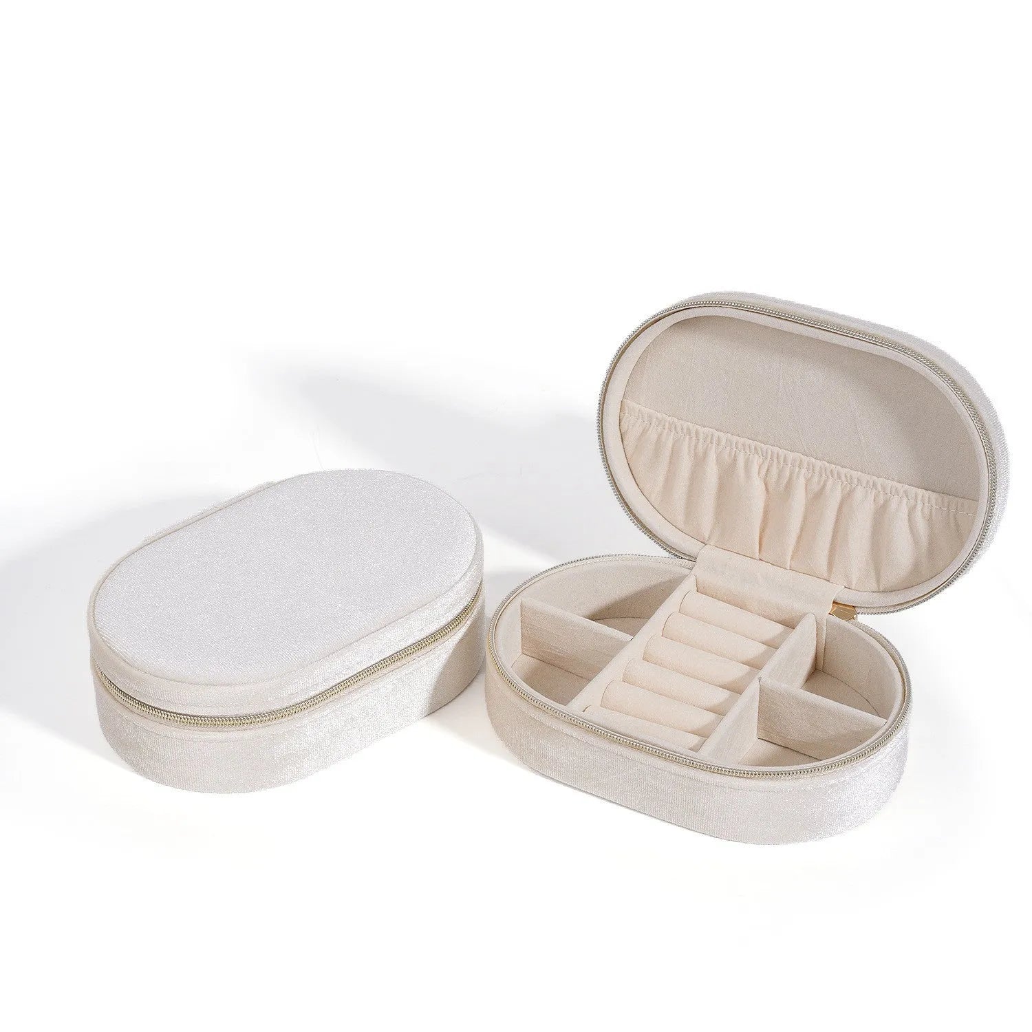 Oval velvet jewellery storage box with flannel lining in lake blue colour showing 15x10x5cm dimensions
