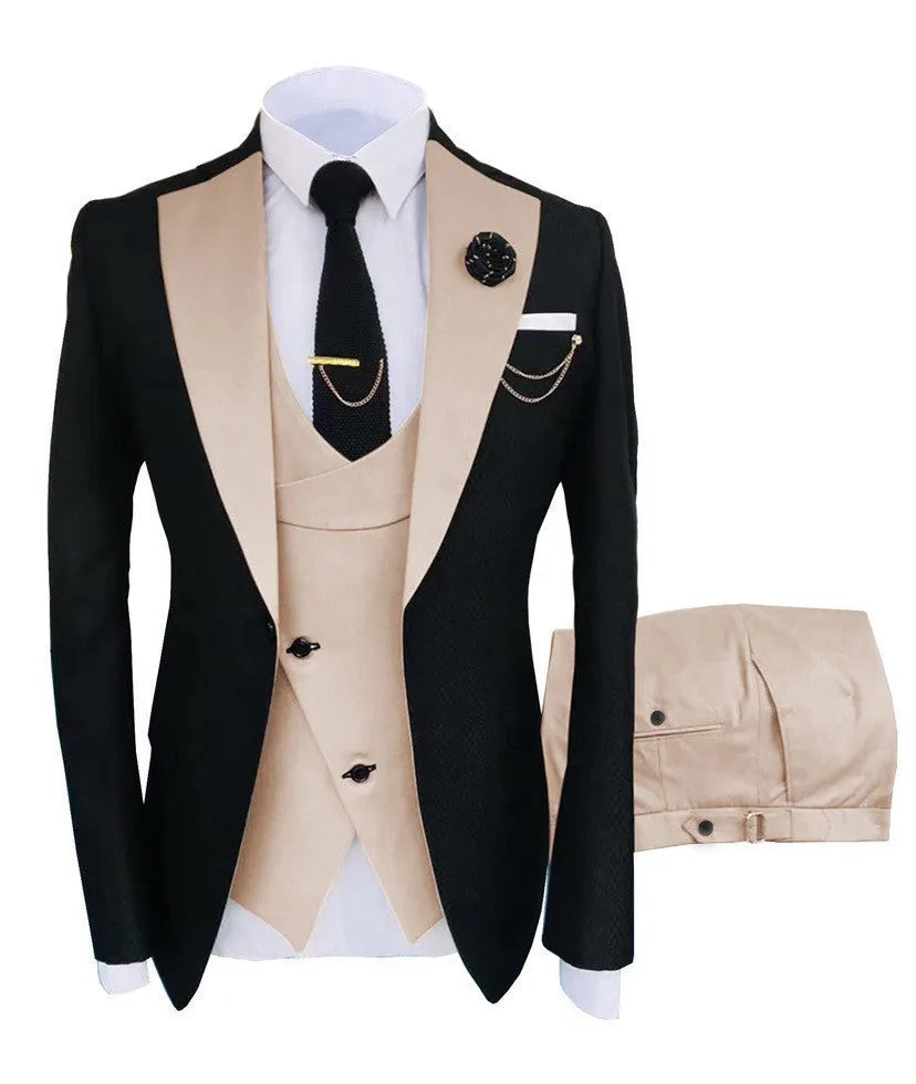 Men's slim fit three-piece business suit in black with contrasting vest, showing complete coat, vest, and trousers set