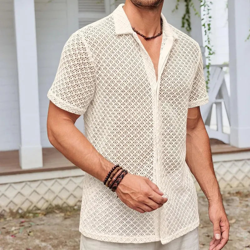 Men's short sleeve lapel shirt in cotton blend fabric shown in black, white and beige colour options