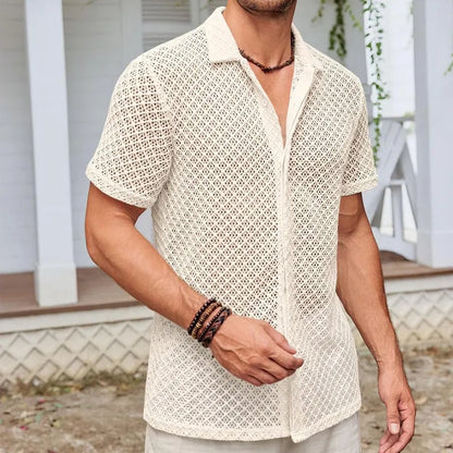 Men's short sleeve lapel shirt in cotton blend fabric shown in black, white and beige colour options