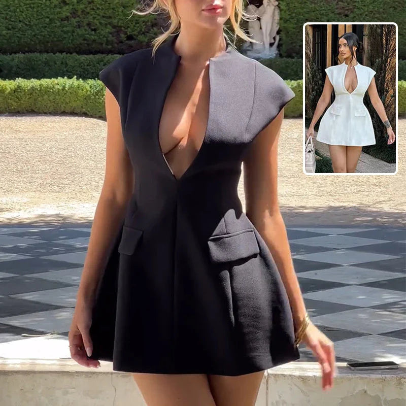 Stylish deep V-neck A-line dress in various colors, featuring a slimming silhouette and comfortable polyester fabric for effortless summer fashion