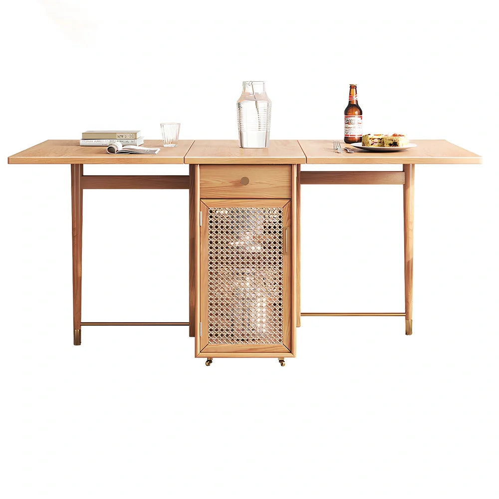 Natural rattan folding dining table extended to 145cm length with wood frame