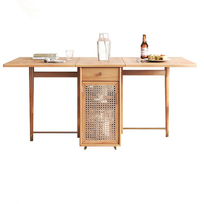 Natural rattan folding dining table extended to 145cm length with wood frame