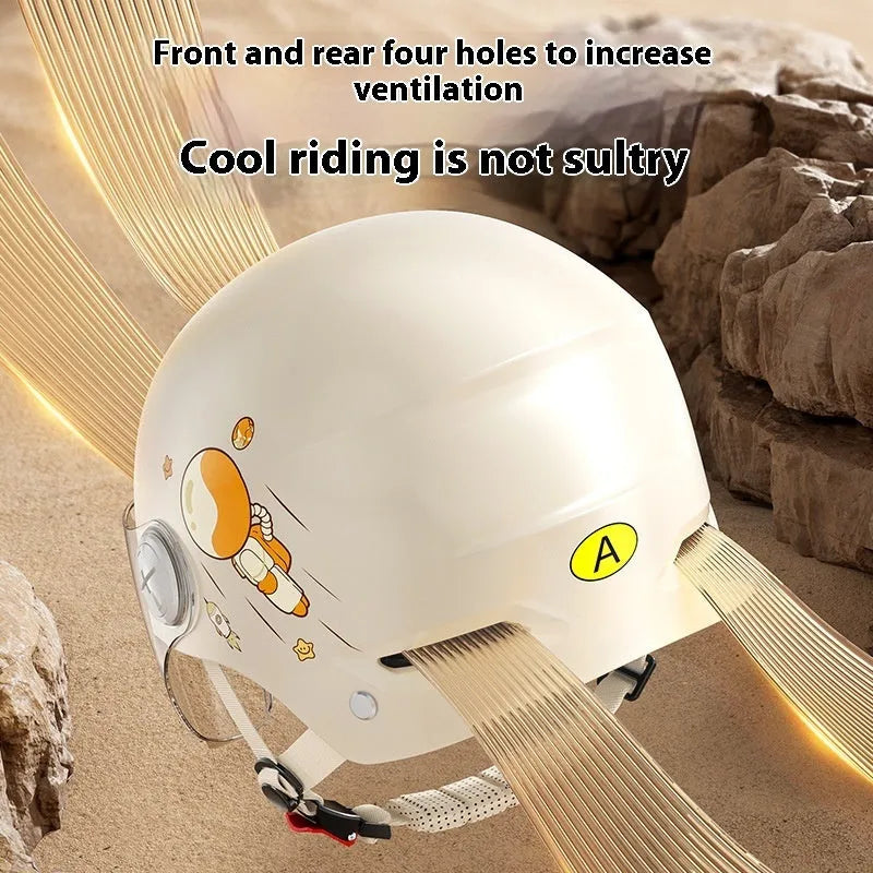 Khaki electric motorcycle half helmet with integrated glasses showing ABS construction and free size fit