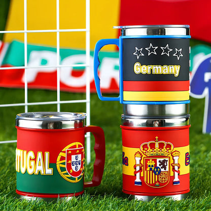 World Cup football mug in team colours with 7.6cm diameter and rubber-metal construction