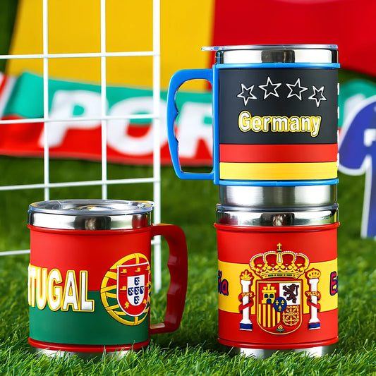 World Cup football mug in team colours with 7.6cm diameter and rubber-metal construction