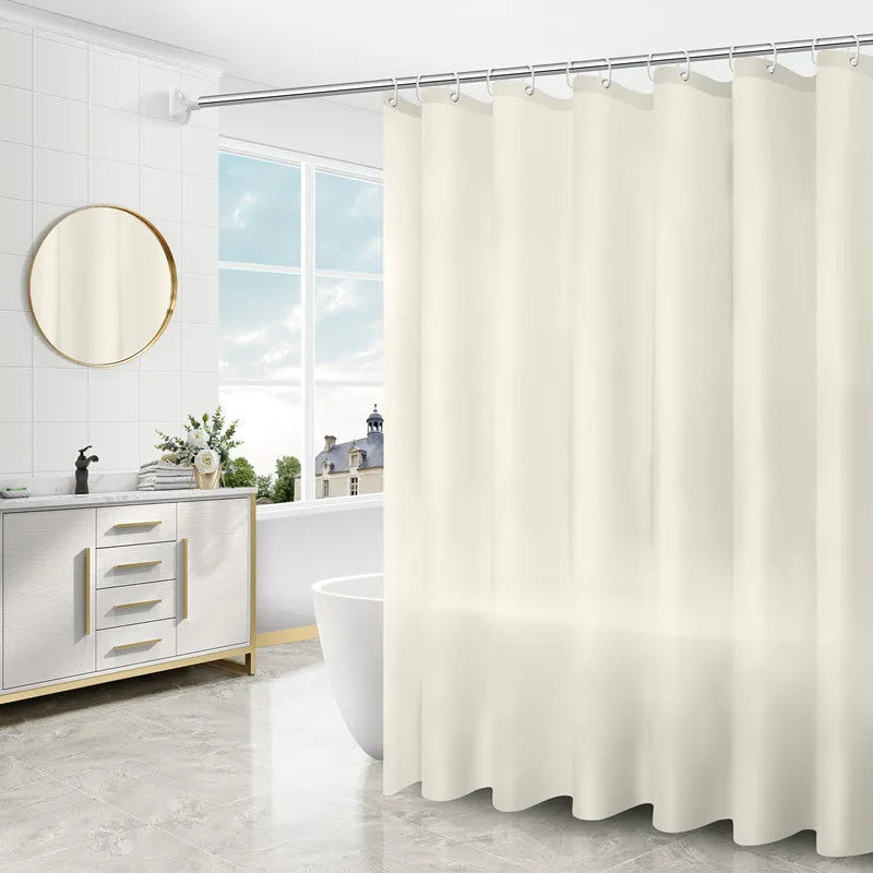 PEVA shower curtain with geometric abstract pattern and stainless steel buttonholes, available in multiple sizes and colours