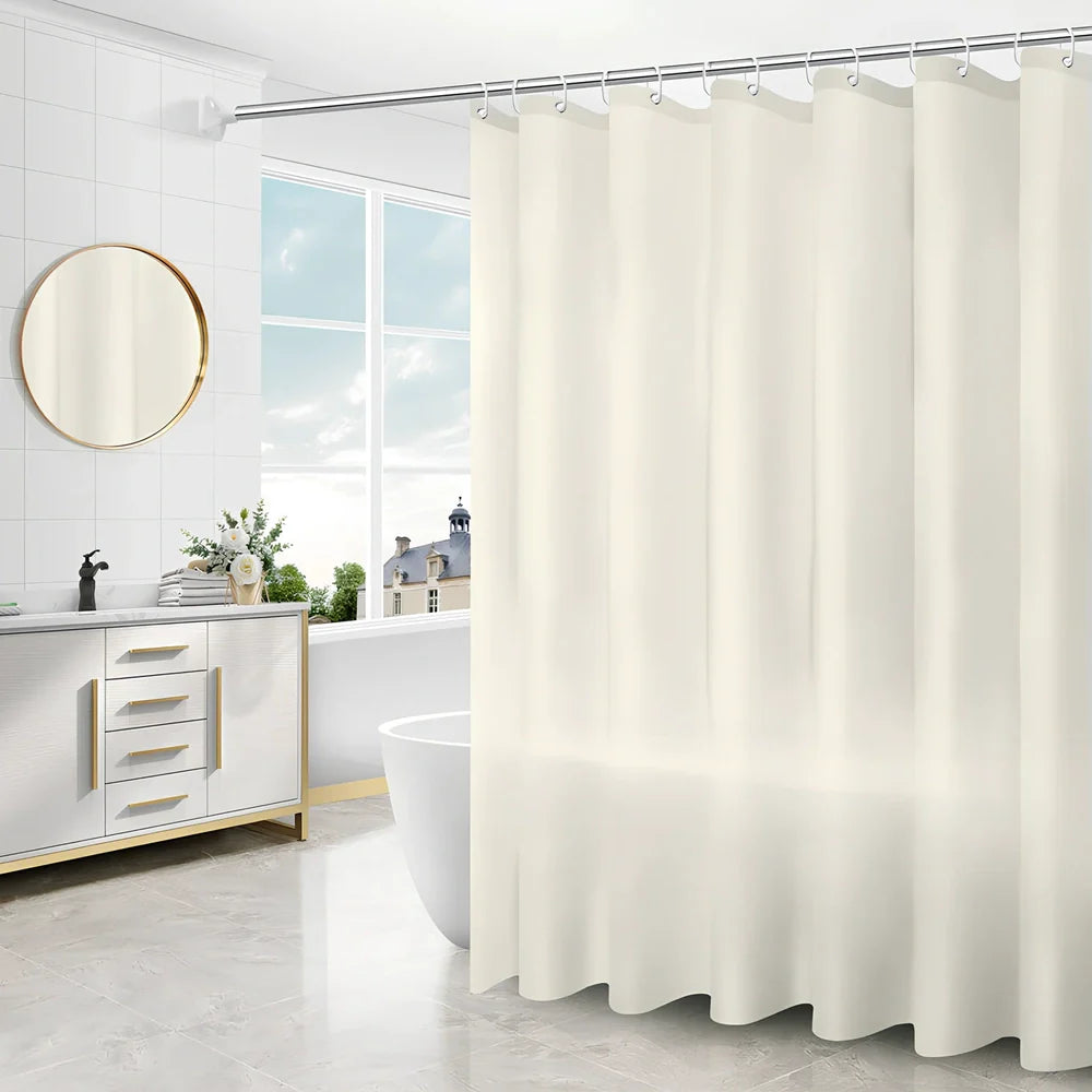 PEVA shower curtain with geometric pattern and stainless steel buttonholes in bathroom setting