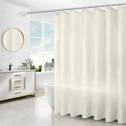 PEVA shower curtain with geometric pattern and stainless steel buttonholes in bathroom setting