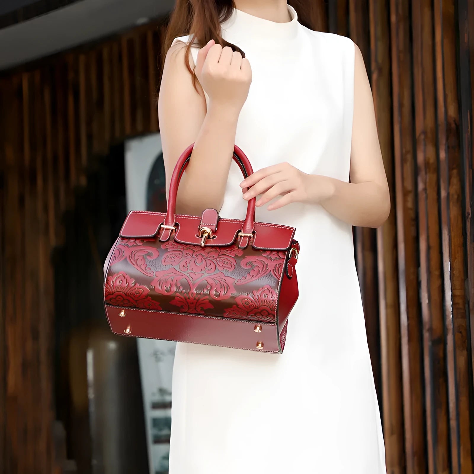Vintage oval genuine leather women's crossbody bag with embossed sandwich pocket design