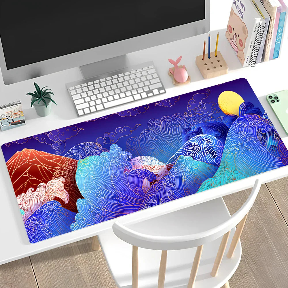 Large non-slip mouse pad with lock edge in Cherry Blossom Tower design, 900x400x4mm natural rubber base for desk stability