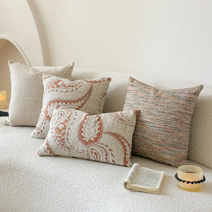 American-style yarn-dyed jacquard sofa pillow cover with thickened paisley design in amber colours, showing plant and flower pattern.