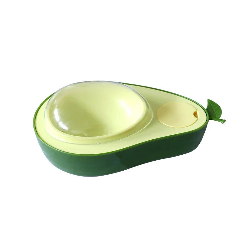 Avocado-shaped automatic pet feeder and water dispenser for dogs and cats, featuring slow-feed bowl, adjustable water flow, and durable construction