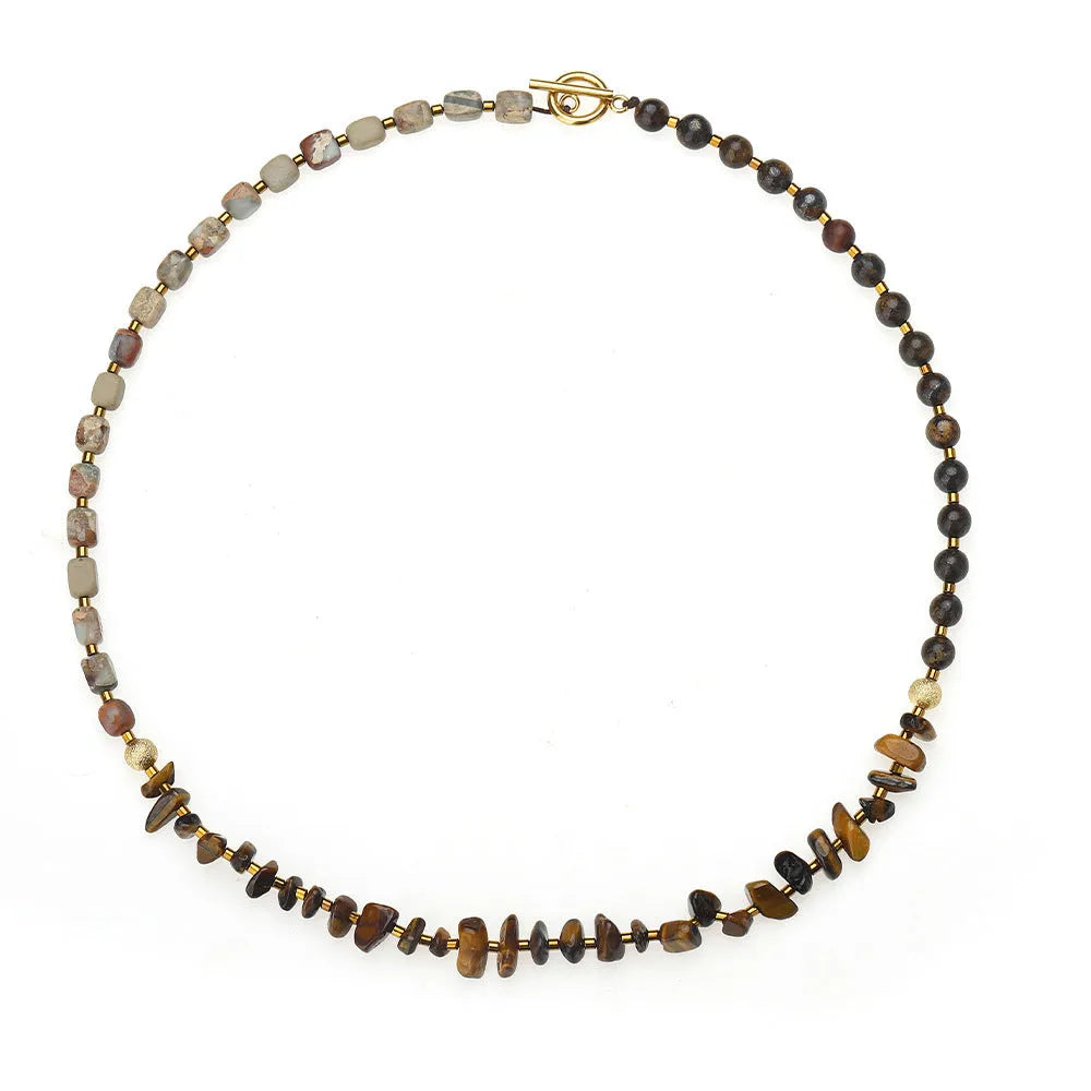 Brown geometric tigereye and bronze bracelet with textured bends and hitches detailing