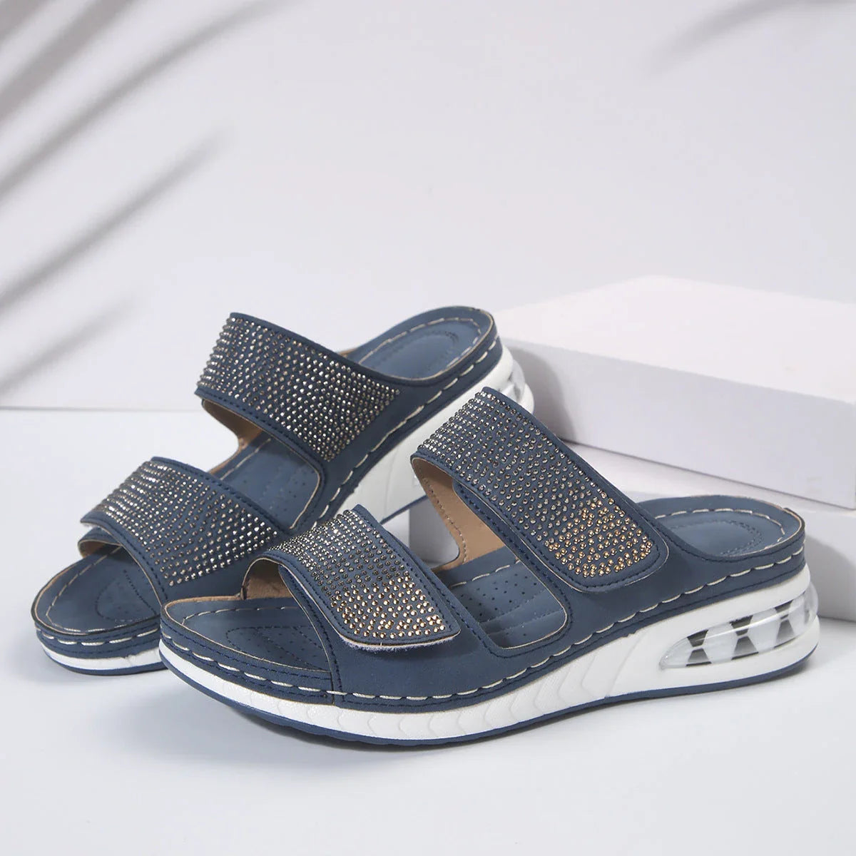 Stylish rhinestone slip-on sandals for women with non-slip soles, available in multiple colors and sizes
