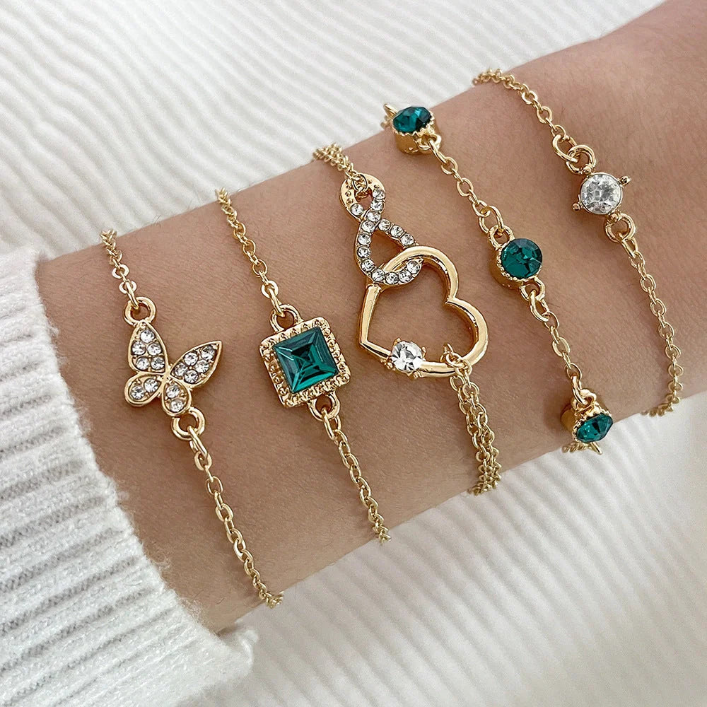 Elegant 5-piece green crystal bracelet set with unique bohemian-inspired design and premium alloy construction
