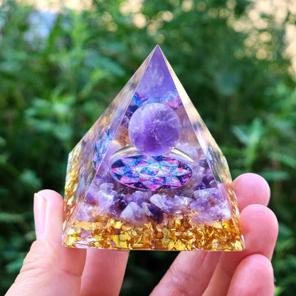 Crystal ball gravel pyramid resin artwork with 6cm diameter and 50mm base