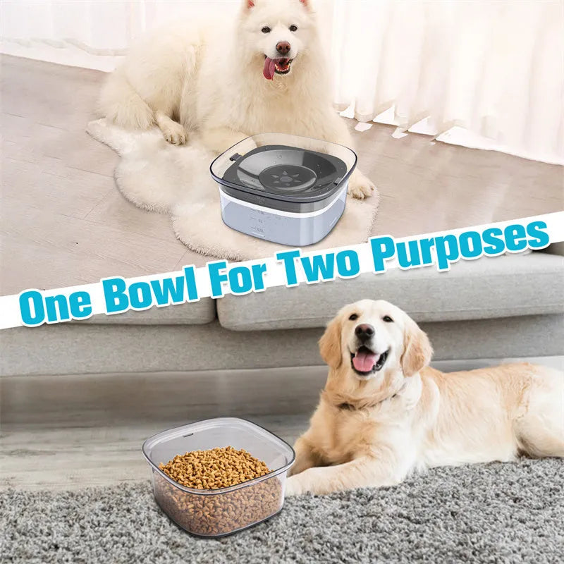 Transparent 2L dog water bowl with floating slow-feeding disk and non-slip base