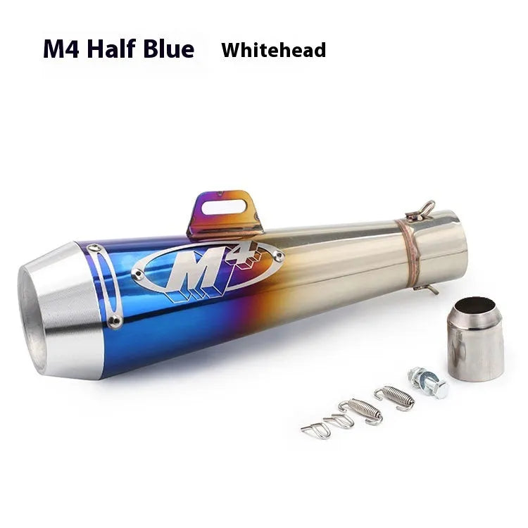 Universal M4 motorcycle exhaust pipe in various finishes including black, titanium, and half blue with back pressure options