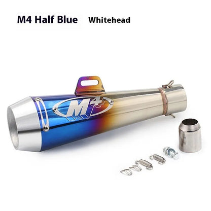 Universal M4 motorcycle exhaust pipe in various finishes including black, titanium, and half blue with back pressure options